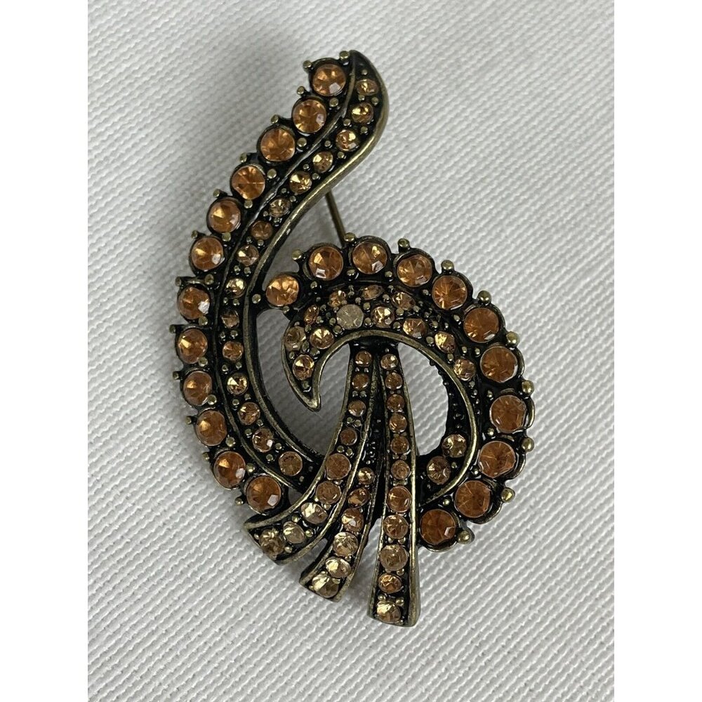 Vintage Gold Tone Swirl Brooch Amber Rhinestones Statement